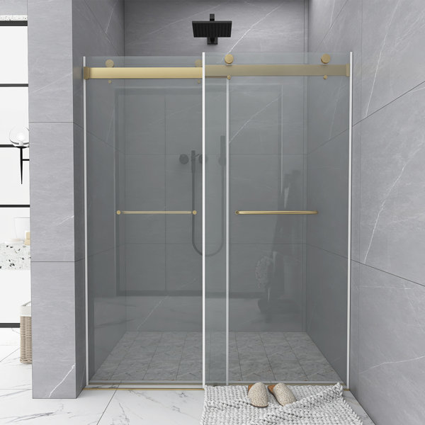 HLILish Porte De Douche Sans Cadre De 56 à 60 Po X H 70 Po, Porte De Douche Coulissante Double, Cabine De Douche En Verre Trempé De Qualité Supérieure En Verre Feuilleté